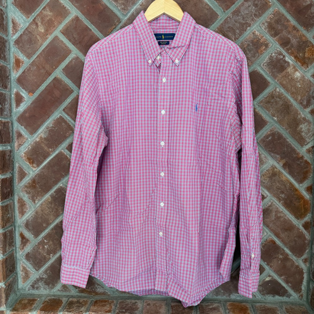 Ralph Lauren Button Down Shirt Mens XL Pink Blue Gingham Plaid Check Stretch